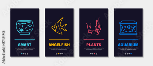 Pet shop vertical banners with aquarium. Vector neon design on black background for application page. Onboarding templates for fish care online shop.