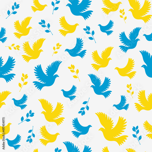 Seamless pattern dove of peace with an olive branch. Vector flat seamless pattern in blue and yellow. Flying bird on a flag background.