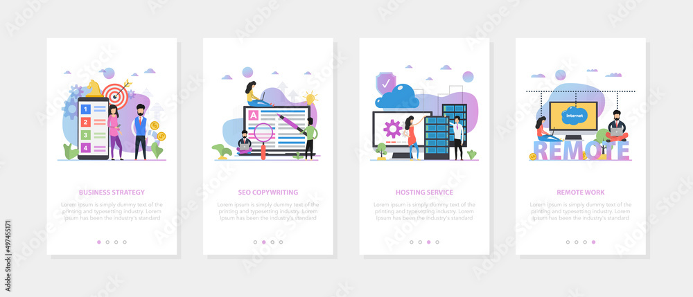Business onboarding screen template. Four vector templates for SEO and business strategy.