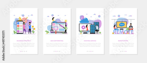 Business onboarding screen template. Four vector templates for SEO and business strategy.