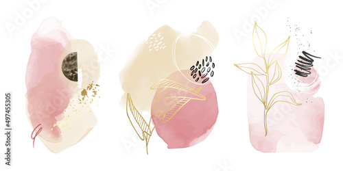 Abstract Watercolor Compositions. Set of soft color painting wall art for house decoration or invitations. Minimalistic background design. Vector wall art plants in minimalist style.