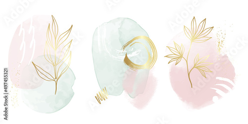 Abstract Watercolor Compositions. Set of soft color painting wall art for house decoration or invitations. Minimalistic background design. Vector wall art plants in minimalist style.