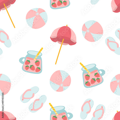 beach stuff, beach things seamless pattern: umbrella, inflatable ball, spanking. Summer marine background. Travel, vacation, relax concept