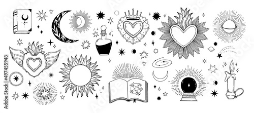 Fotografiet Modern outline vector illustrations - magic symbols, crescent moon, sun, magic ball and books