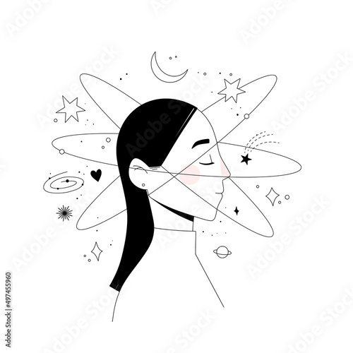 Modern outline vector illustration - girl and space (planet, star, sun, comet). Universe line drawings. Meditation. Open your mind. Mindset. Perfect for blogs, articles, web, cards, social media