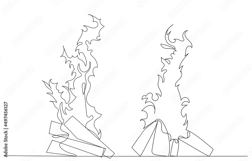 bonfire drawing in one continuous line, isolated vector