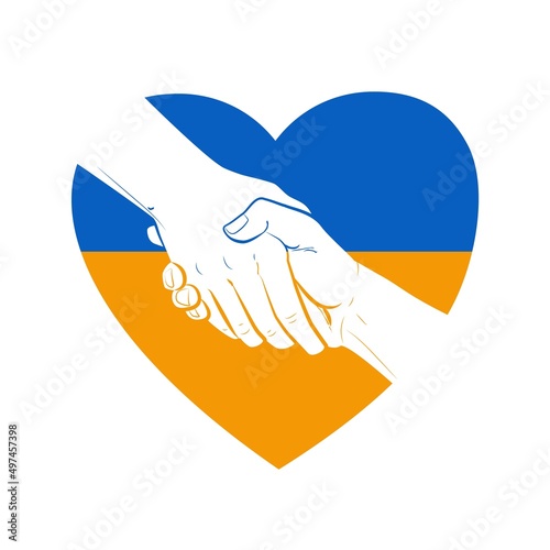 Vector hand concept. Gesture, sign of help and hope logo. Two hands taking each other, blue yellow flag colors. Support ukrainian refugees. Helping Ukraine.