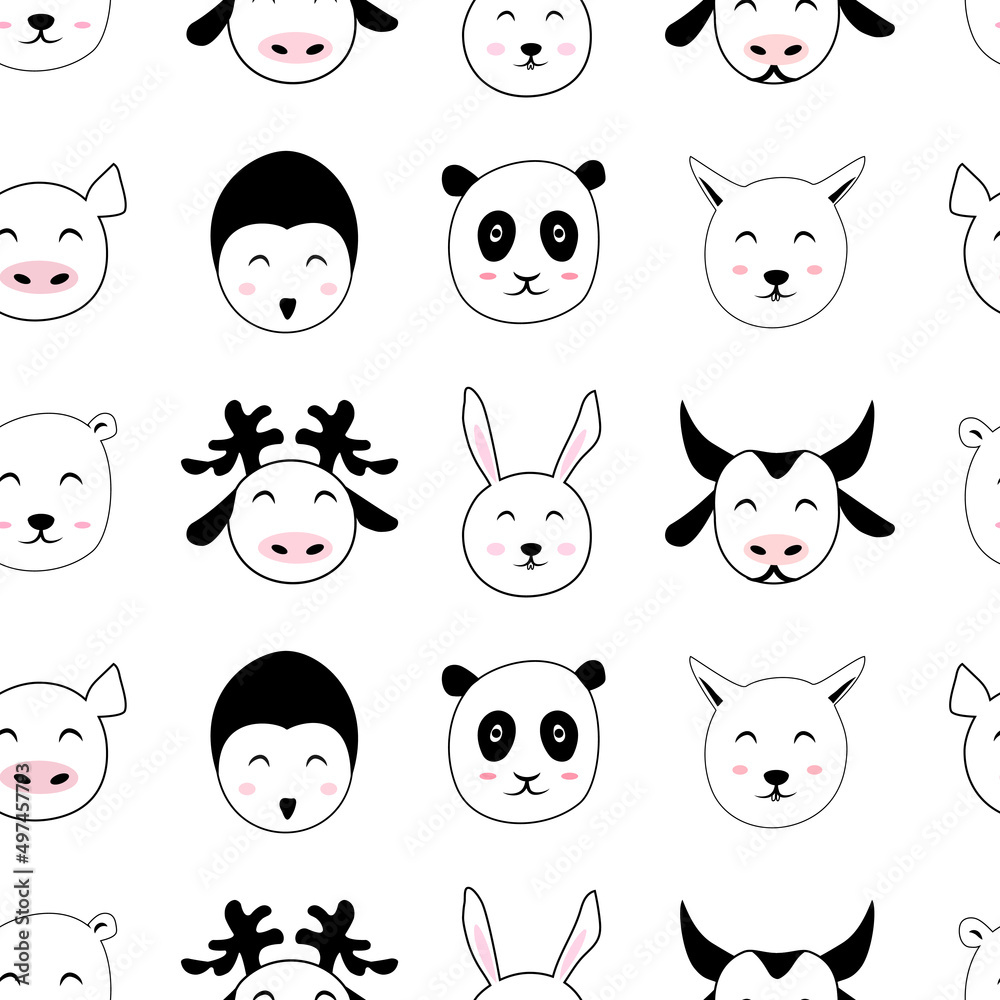 Doodle cute animal face seamless pattern template. Cheerful outline sketch drawing isolated on white background. Simple nursery wallpaper, fabric print. Doodle cute animal face seamless pattern template. Cheerful outline sketch drawing isolated on white background. Simple nursery wallpaper, fabric print.