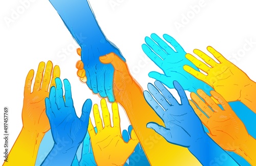 Vector hand concept. Gesture, sign of help and hope logo. Two hands taking each other, blue yellow flag colors. Support ukrainian refugees. Helping Ukraine.