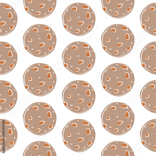 Cartoon cookies isolated seamless pattern. Sweet food outline colorful doodle drawing wallpaper. Graphic fabric print template. Cafe or patisserie menu backdrop. Brown wrapping paper.