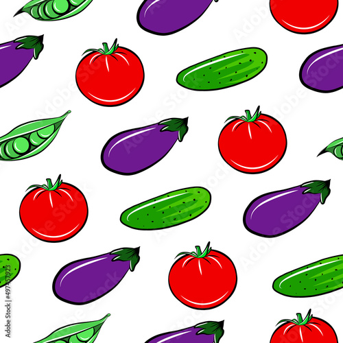 Fresh vegetable seamless pattern with eggplant, tomato, cucumber and green peas. Flat isolated vector fabric print template. Healthy eating diet backdrop. Farm food wrapping paper.