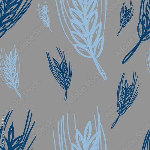 seamless pattern with dark blue and light blue wheat plants on gray background. Traditional print, bakery design, packaging wallpaper	