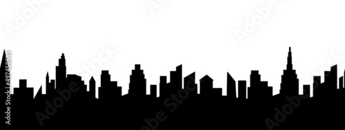 City panorama view, flat graphic vector illustration. Simple isolated black shadow shape, seamless border abstract print. Urban building silhouette.
