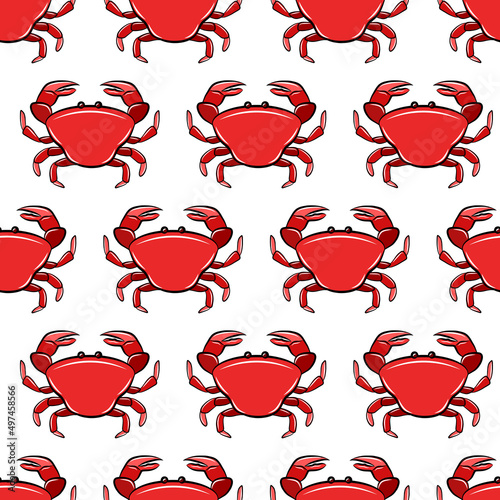 Red cartoon cancer crab mollusk, sea fish langouste crustacean animal. Isolated flat seamless pattern template. Vector colorful fabric print.