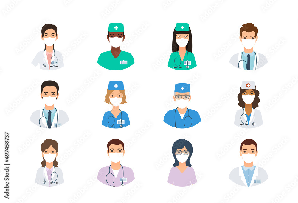 Doctors and nurses avatars in medical masks. Set of medicine employee faces. Group men and women portfolio avatars isolated on white background. Flat design. Hospital staff. Vector illustration. Doctors and nurses avatars in medical masks. Set of medicine employee faces. Group men and women portfolio avatars isolated on white background. Flat design. Hospital staff. Vector illustration.
