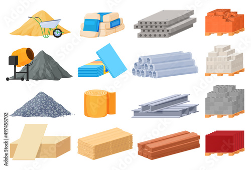 Set of piles of building materials. Loose building materials board brick metal elements. Vector illustration on a white background.