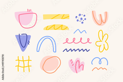 Colorful set of various hand drawn abstract shapes, strokes and doodles. Modern design elements. Vector texture. 