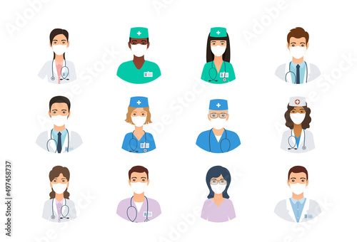 Doctors and nurses avatars in medical masks. Set of medicine employee faces. Group men and women portfolio avatars isolated on white background. Flat design. Hospital staff. Vector illustration.