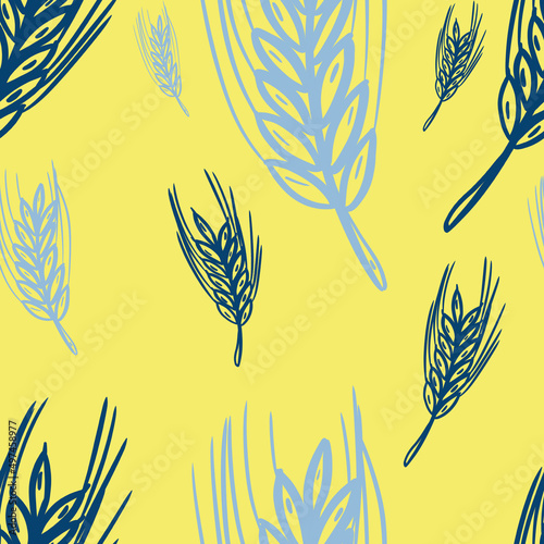  seamless pattern with dark blue and light blue wheat plants on yellow background. Traditional print, bakery design, packaging wallpaper