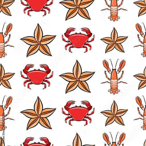 Cartoon seamless pattern isolated on white background with crab, langouste seashell crustacean and starfish. Textile print or nursery wallpaper vector template. Sea fish, nautical animal wildlife