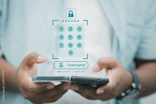 cybersecurity concept Business man shows how to protect cyber technology network from attack by hackers on the internet. Secure access to privacy through smartphones Meta protection.	