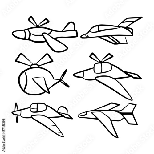 Set of airplanes hand drawn icons. The contours of the aircraft in doodle style isolated on white background. Simple graphic drawing decor for kids.
