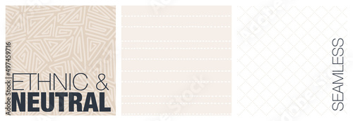 Ethnic triangle spiral and neutral dashed line and diamond geometric seamless background set. Black and off-white vector pattern design for banner, poster, notebook cover or flyer.