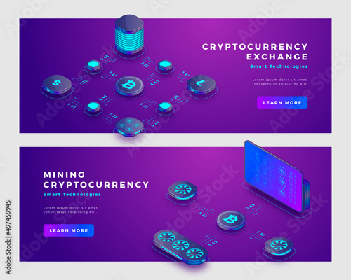 Mining bitcoin and cryptocurrency exchange concept banner template.
