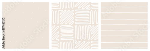 Neutral beige low contrast seamless pattern set with maze, dot and stripe vector designs.