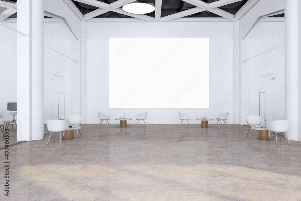 Modern concrete glass office resting area with empty white wall with mock up poster, chairs and coffee tables. 3D Rendering. Modern concrete glass office resting area with empty white wall with mock up poster, chairs and coffee tables. 3D Rendering.