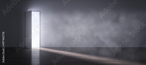 Grunge smokey room with bright door opening and wide mock up place on wall. 3D Rendering.