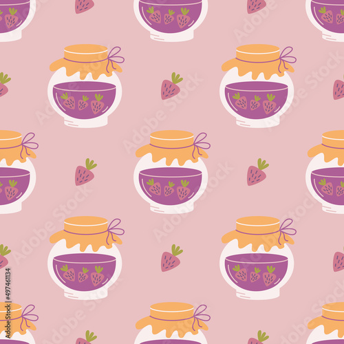 Strawberry jam in glass jar on pink background, vector seamless pattern