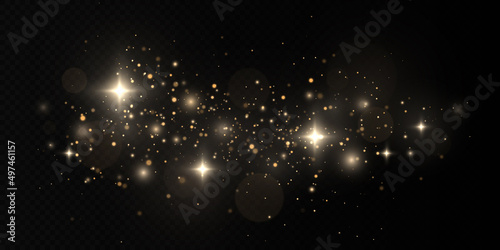 Golden confetti and glitter texture on black background. Sparkling space magical dust particles. Christmas concept.