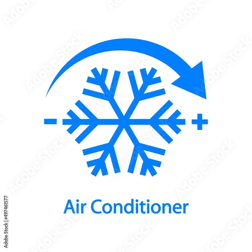 Reparación y servicio de aire acondicionado. Control de temperatura. Logo con texto Air Conditioner con flecha con copo de nieve en color azul