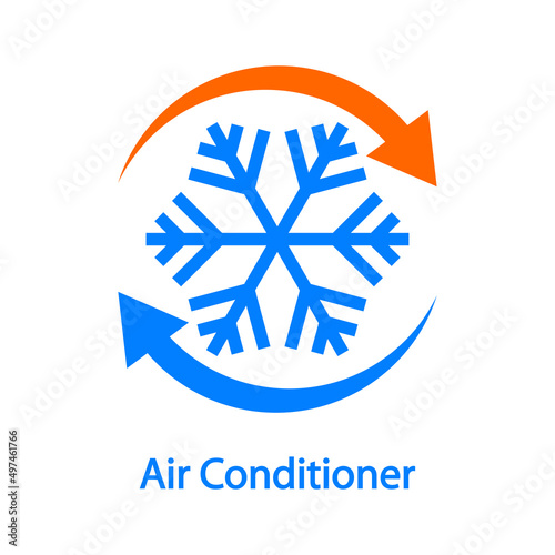Reparación y servicio de aire acondicionado. Control de temperatura. Logo con texto Air Conditioner con 2 flechas con copo de nieve en color azul y naranja