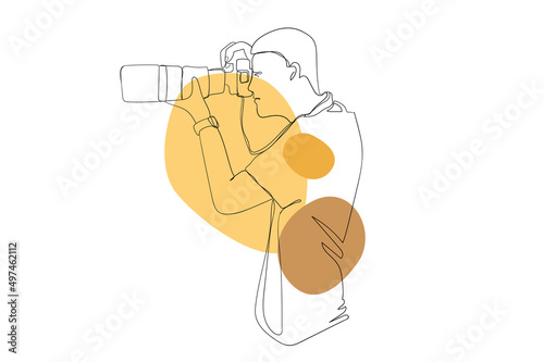 Photographer with photo camera continuous line drawing concept. Man takes photography on professional photographic equipment with lens. Vector illustration in outline hand drawn design for web