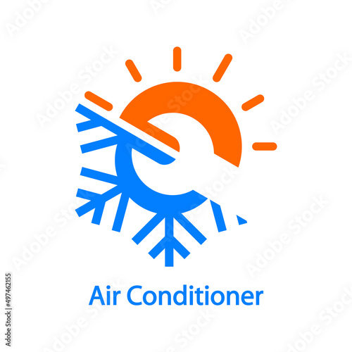 Reparación y servicio de aire acondicionado. Logo con texto Air Conditioner con llave en espacio negativo en copo de nieve y sol en color azul y naranja