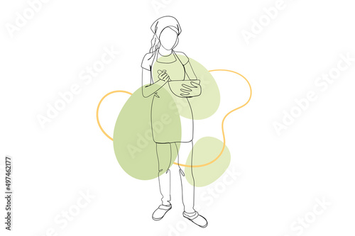 Woman preparing dinner continuous line drawing concept. Young girl in apron making meal in bowl and stands, cheaf cooks in home kitchen. Vector illustration in outline hand drawn design for web