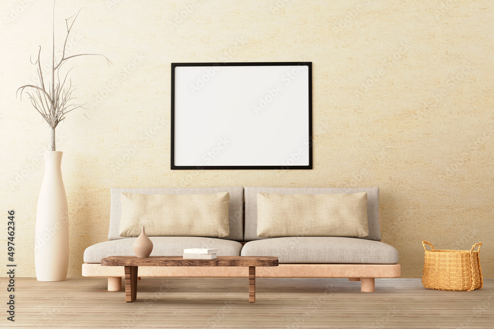 Horizontal poster mockup in neutral style interior living room with low sofa, ceramic jug, side table, wicker basket and books on empty concrete wall background. 3d illustration. Horizontal poster mockup in neutral style interior living room with low sofa, ceramic jug, side table, wicker basket and books on empty concrete wall background. 3d illustration.