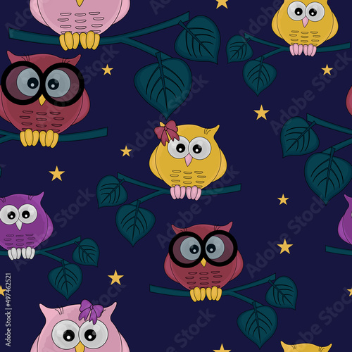 Owls seamless pattern. Night sky with owls on a branch and stars.