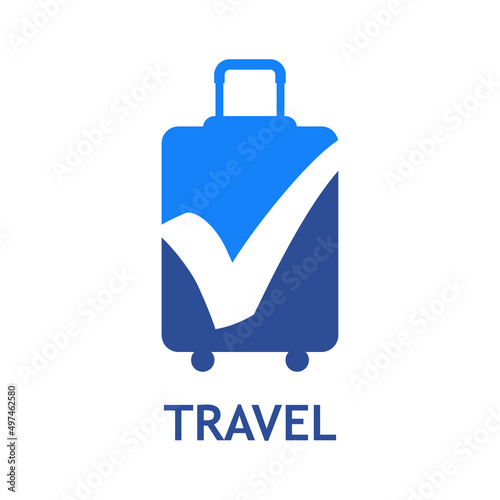 Logo suitcase. Compra online. Banner con texto Travel y silueta de maleta con ruedas como casilla de verificación con cheque en color azul