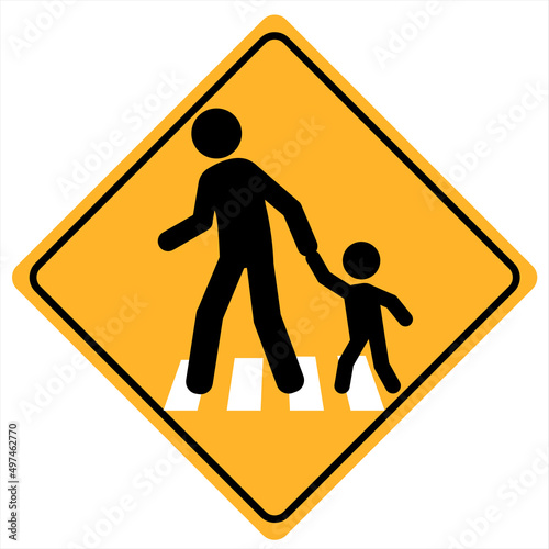School children traffic sign. warning road sign with two school children crossing inside. School zone symbol. Beware kids crossing road. photo