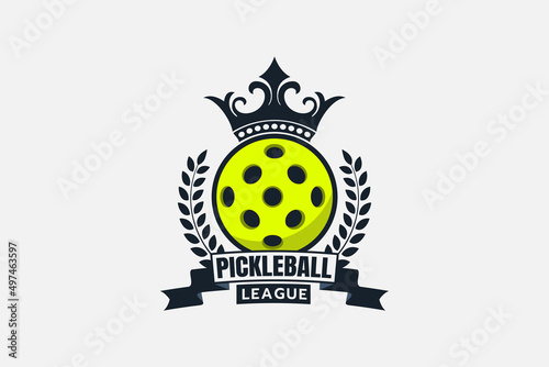 pickleball league logo with a ball, crown, and ribbon.