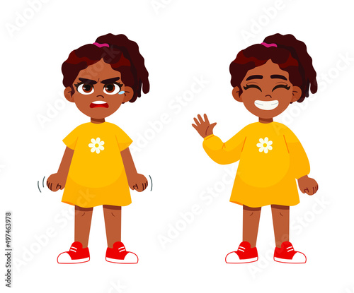 child emotions set. a very angry girl standing in a pose, and Cute happy kid girl raising and waving hands greeting. vector character Illustration.
