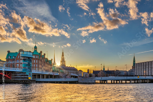 Copenhagen Denmark, sunset  city skyline at Harbour photo
