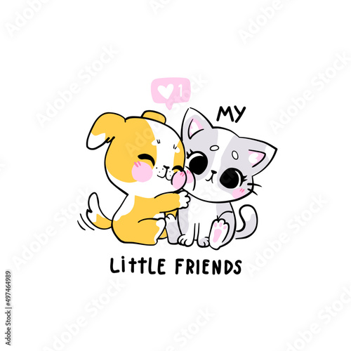 Vector illustration.  Flat design . Hand draw graphics . Cute puppy hugging a kitten. The lettering : my little friends . Can be used as a print for children's clothing . 