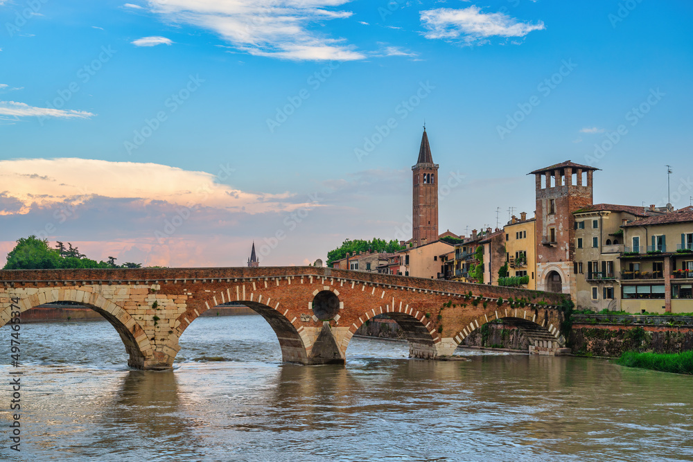 Verona Italy, city skyline at Adige river and Basilica di Santa Anastasia with Ponte Pietra bridge