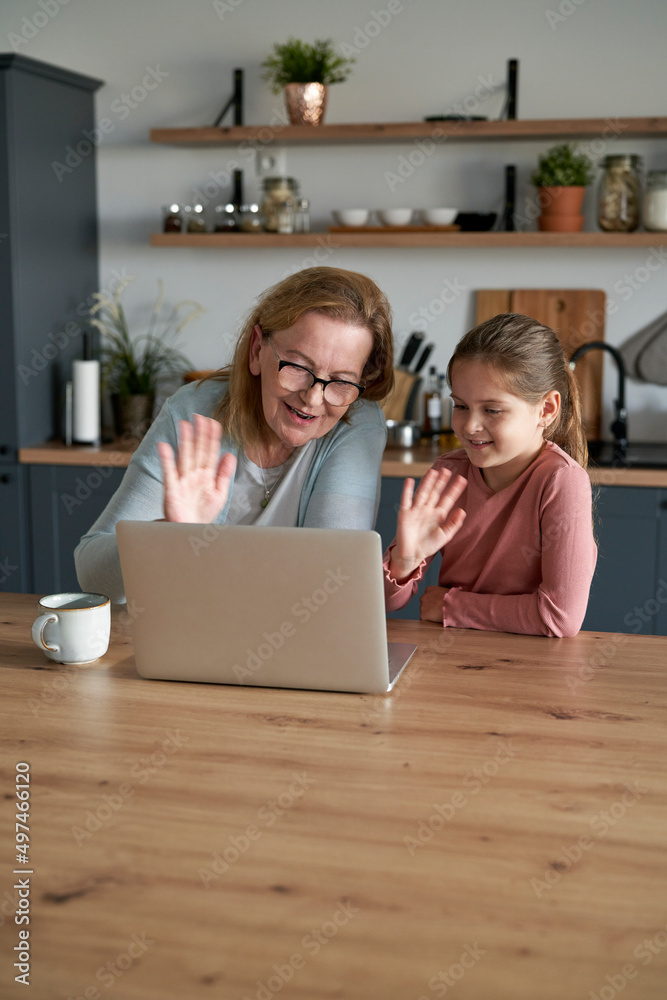 Caucasian of grandmother and her granddaughter using laptop together at home