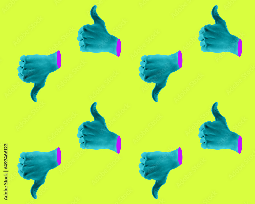 Modern art collage in pop-art style. Contemporary minimalistic artwork in neon bold colors with hands showing nice sign. Psychedelic design pattern.