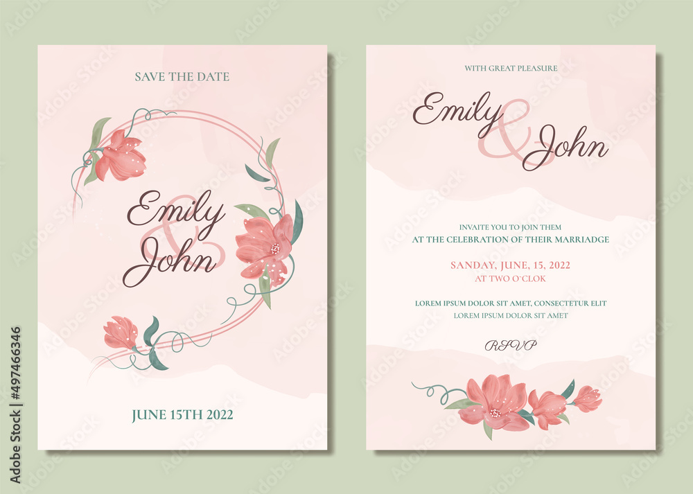 Watercolor wedding invitation template in rustic style with wreath of blooming magnolia in blush color. Vector set floral wedding invitation card